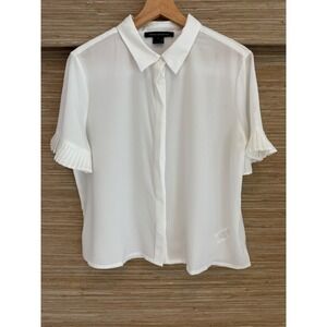 French Connection White Pleated Ruffle Sleeve Top Feminine Minimal Button Up- S